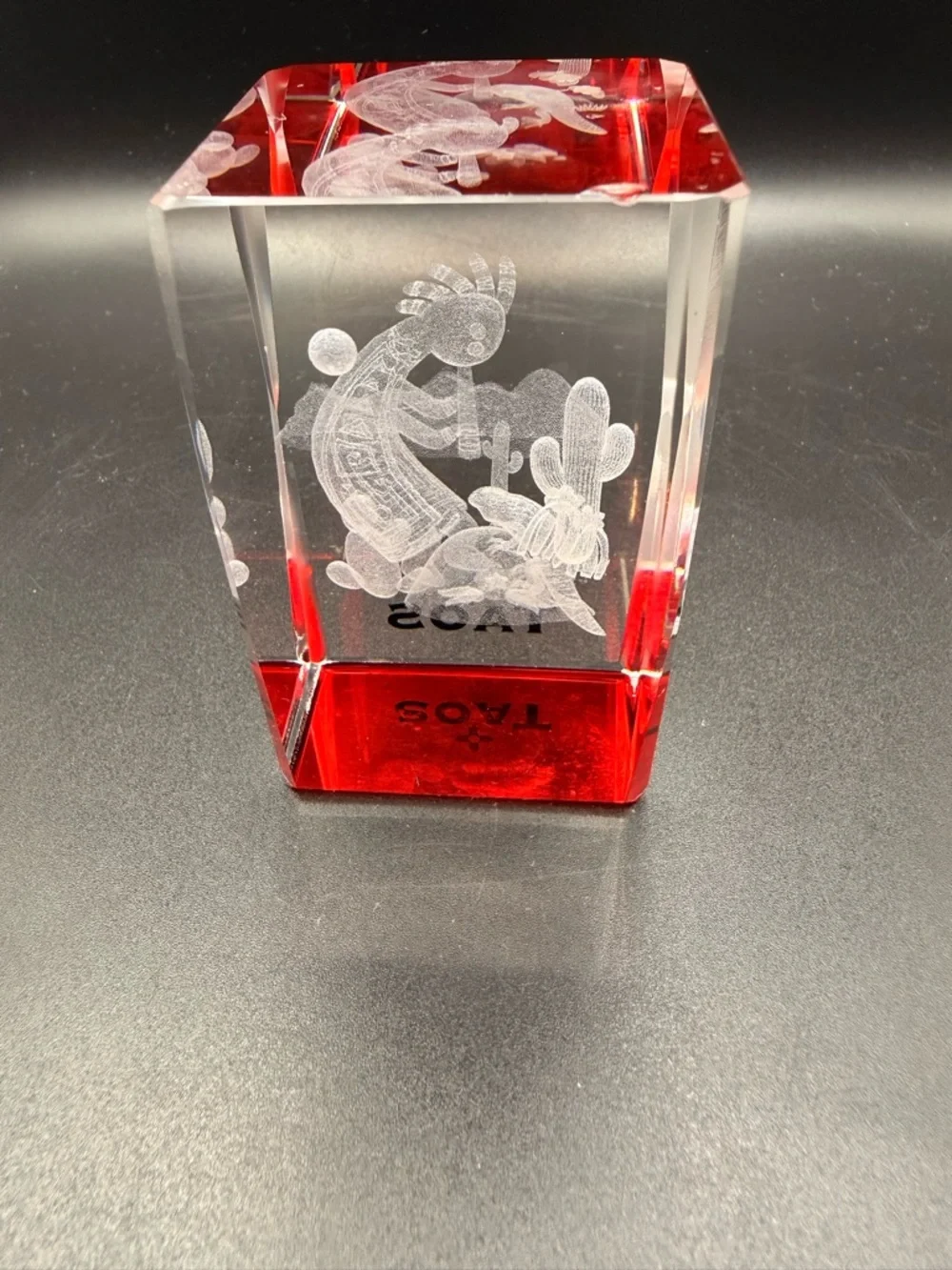 Taos Red and Clear Etched Kokopelli Glass Accent Paperweight 3D